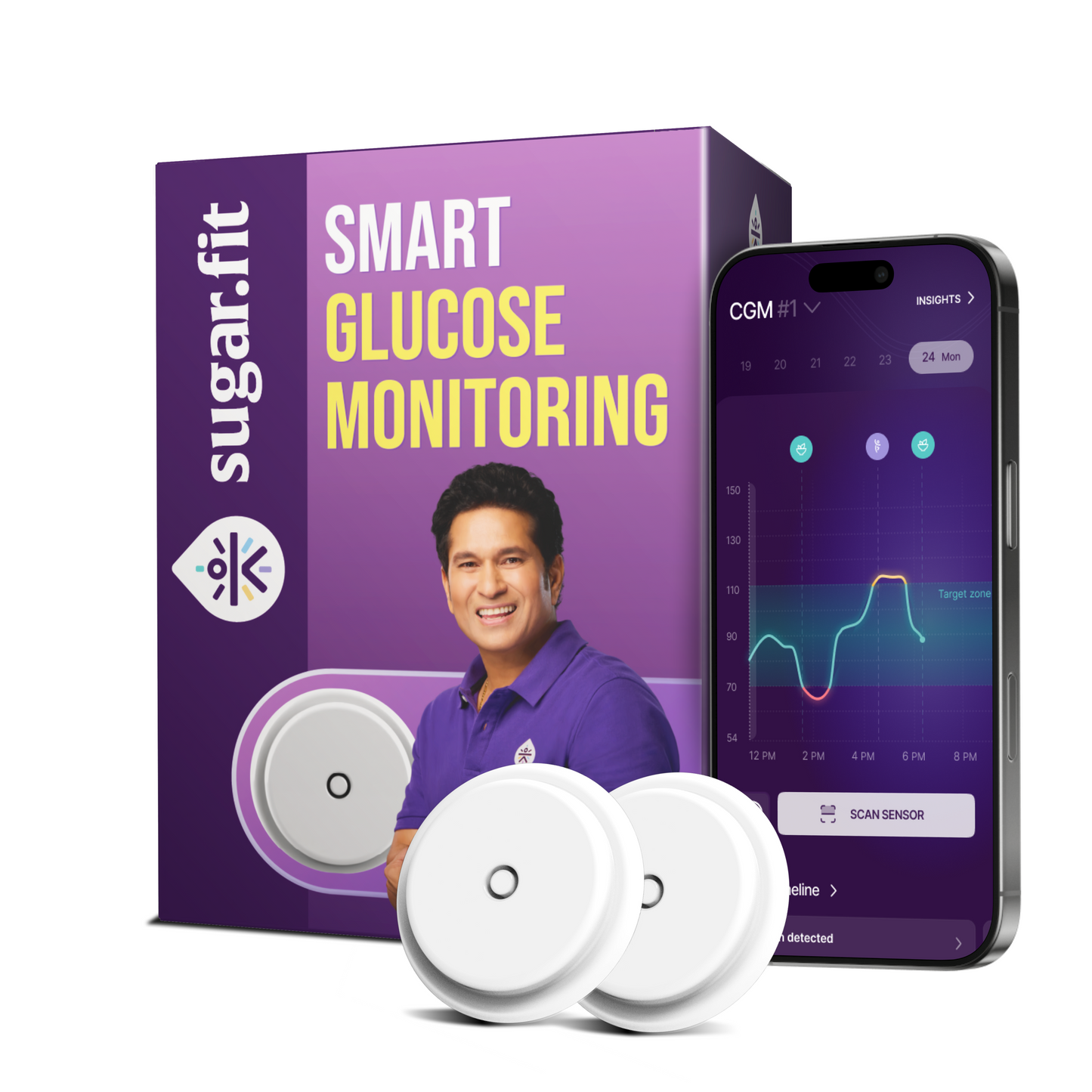 Sugar.fit Smart Continuous Glucose Monitoring Sensor (CGM) for Diabetes | Free App & Coach Consultation Included for 15 days