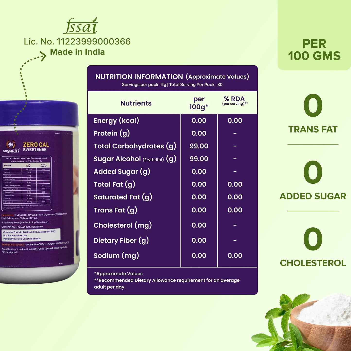 Sugar.fit Zero Cal Sweetener with Monk Fruit, Made from 100% Plant-Based Stevia - 200g